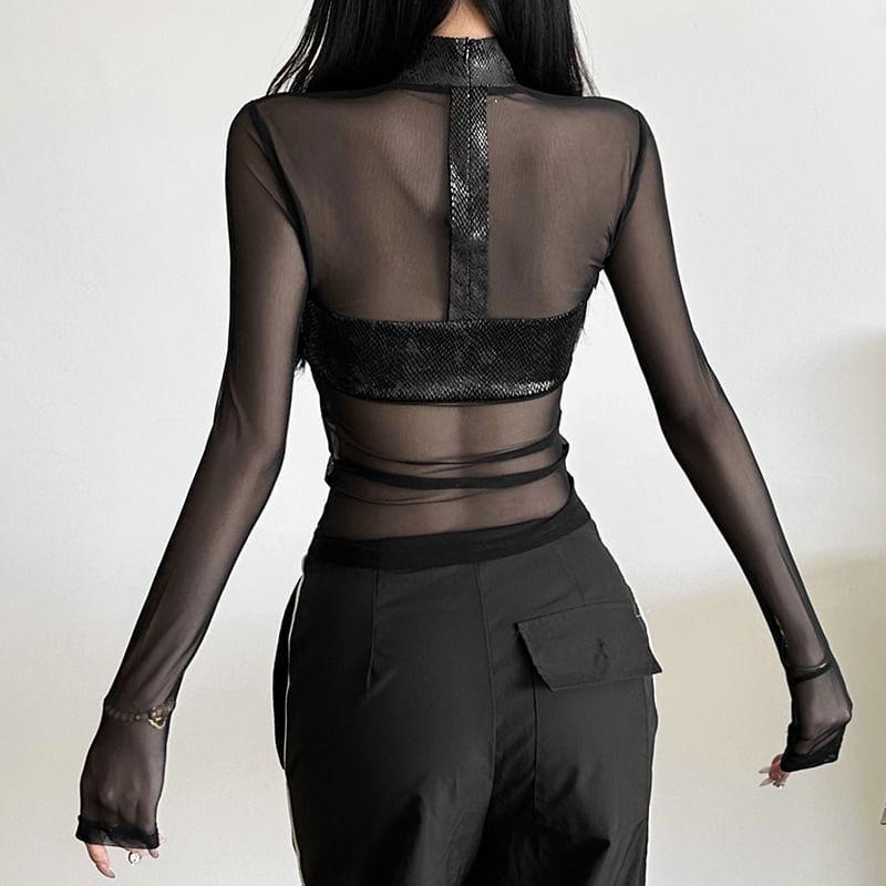 Long-Sleeve Mock Neck Mesh Crop Top Product Image