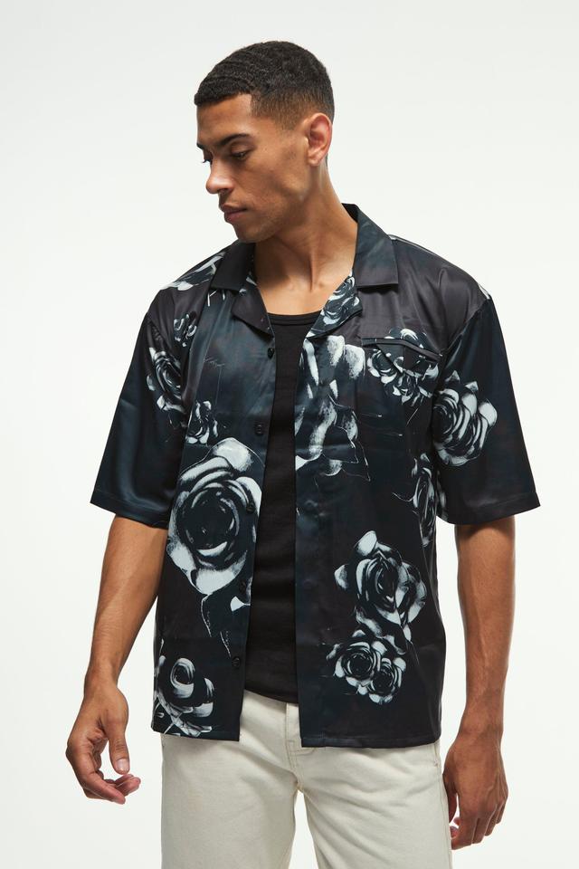 Oversized Floral Printed Satin Short Sleeve Shirt | boohooMAN USA Product Image