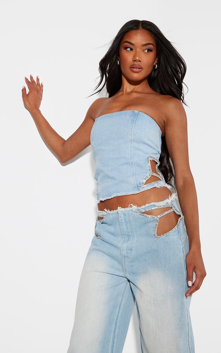 Light Blue Wash Frayed Waist Diamante Detail Corset Denim Top Product Image