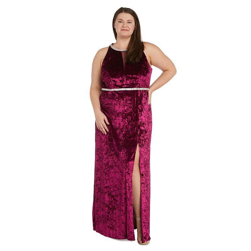 Plus Size R&M Richards Split Neck Belted Side Slit Velvet Maxi Evening Dress, Womens Med Grey Product Image