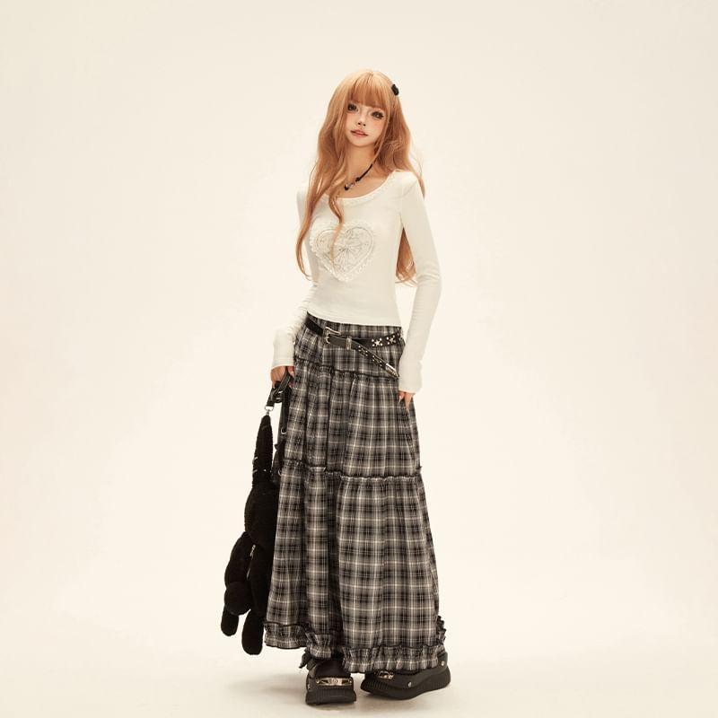 High Rise Ruffle Trim Plaid A-Line Maxi Skirt Product Image