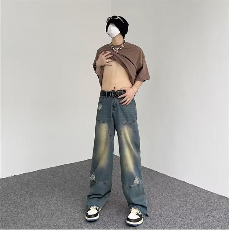 Mid Rise Washed Distressed Wide Leg Jeans Product Image