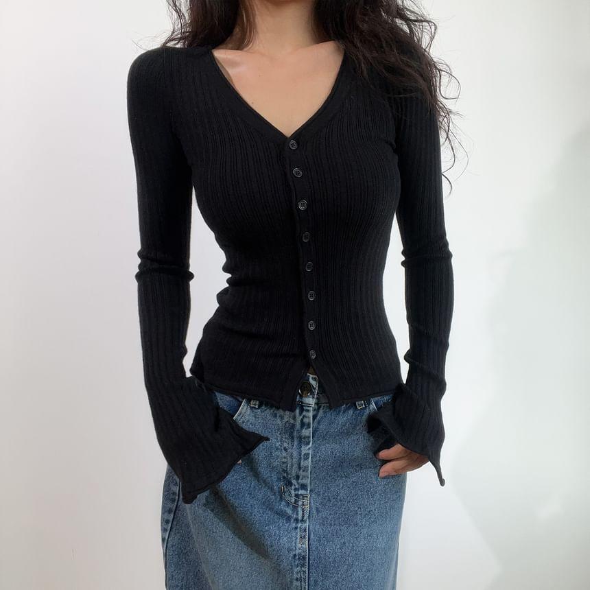 V-Neck Plain Ribbed Cardigan Product Image