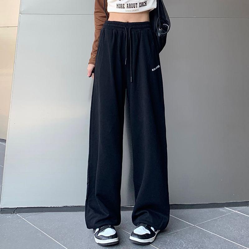 Drawstring Waist Lettering Wide Leg Sweatpants Product Image