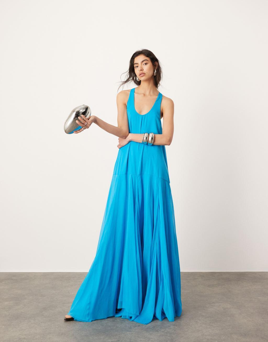 ASOS EDITION drop waist maxi dress with chiffon skirt in blue Product Image