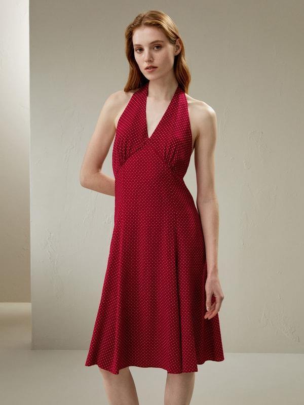 Polka Dot Halter Neck Silk Dress Product Image