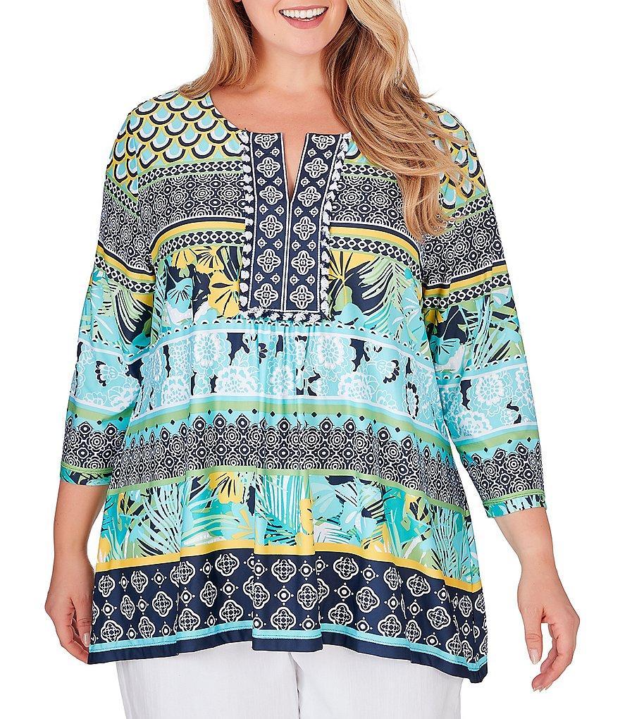 Ruby Rd. Plus Size Mixed Border Print Knit Split Square Neck 3/4 Sleeve Top Product Image