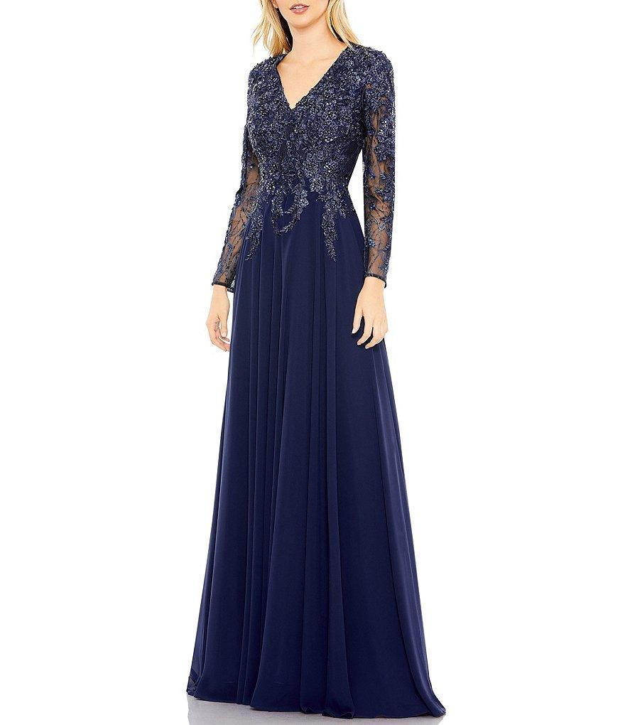 Mac Duggal Embellished Floral Lace V-Neck Illusion Long Sleeve Gown Product Image