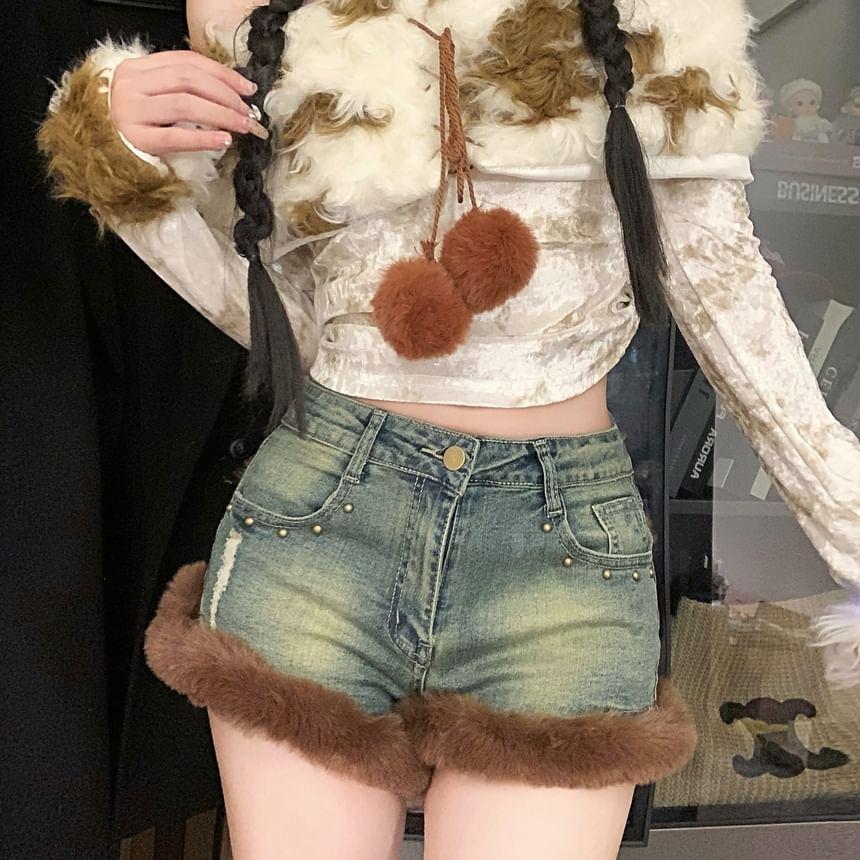 High Waist Faux Fur Trim Washed Denim Shorts Product Image