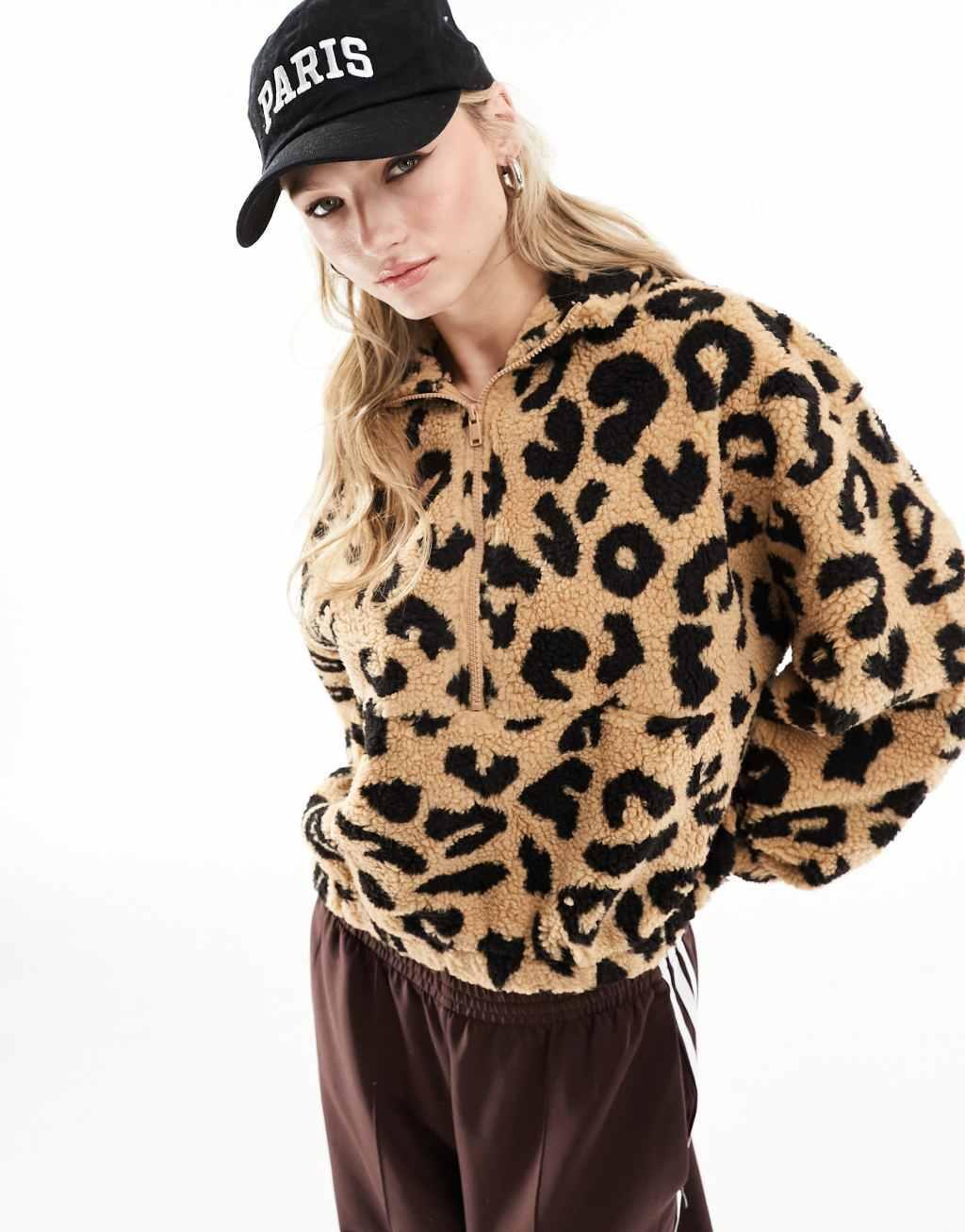 Only teddy half zip fleece in leopard print  Product Image