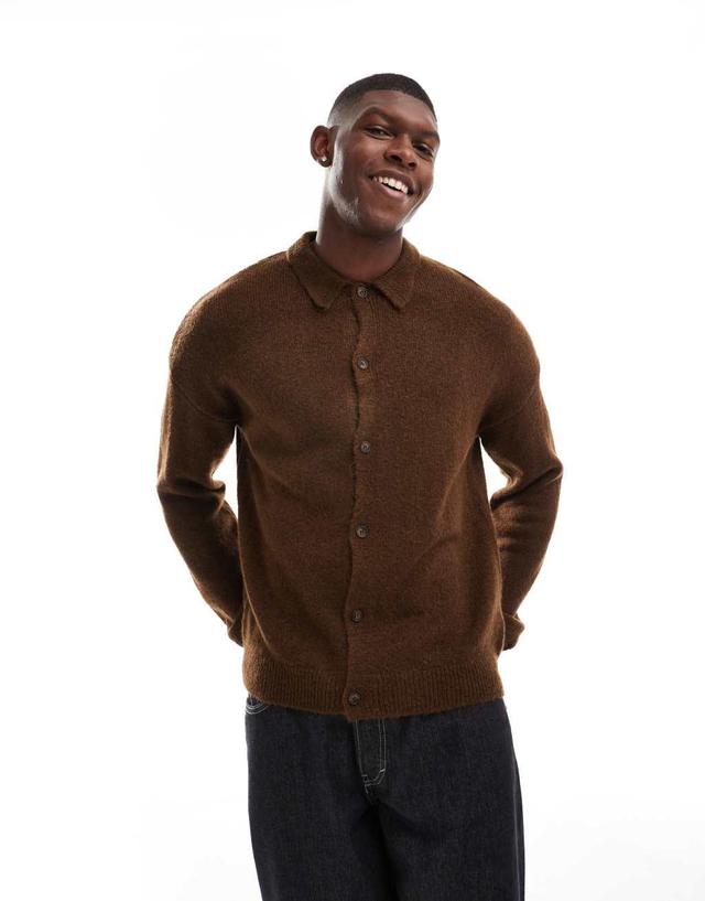 ASOS DESIGN relaxed knit collar cardigan in brown Product Image