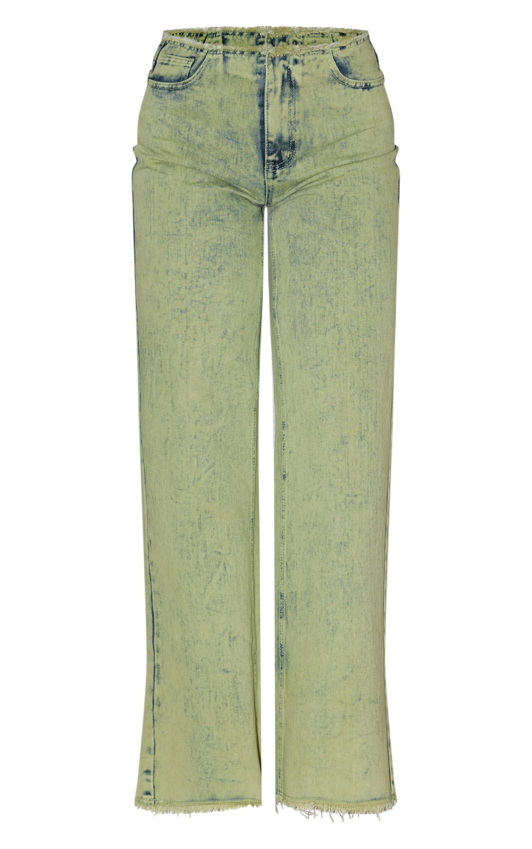 Green Tint Acid Wash Raw Hem Wide Leg Jeans Product Image