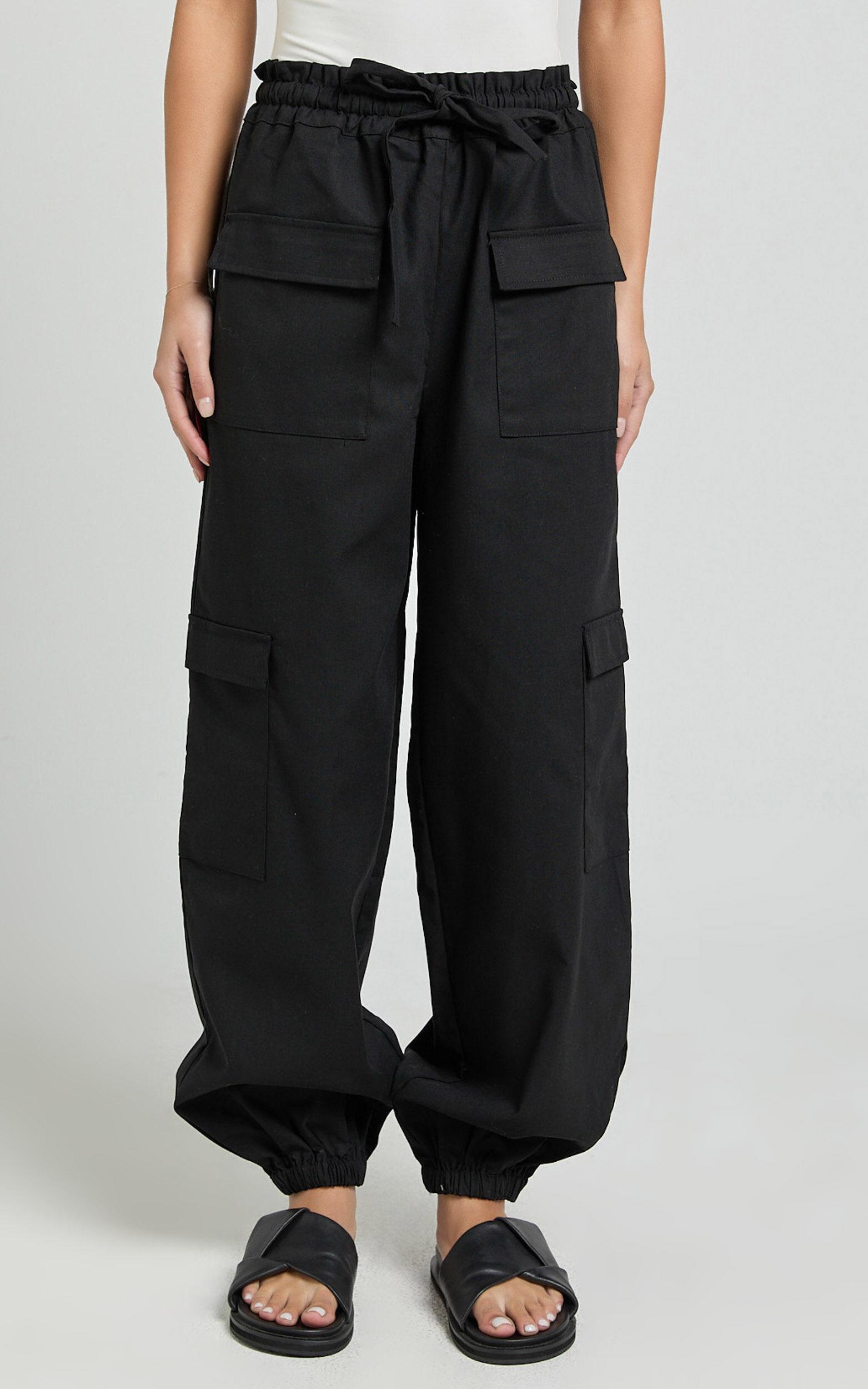 Simpson Pants - Linen Look Tie Waist Pocket Detail Cargo Pants in Black Product Image