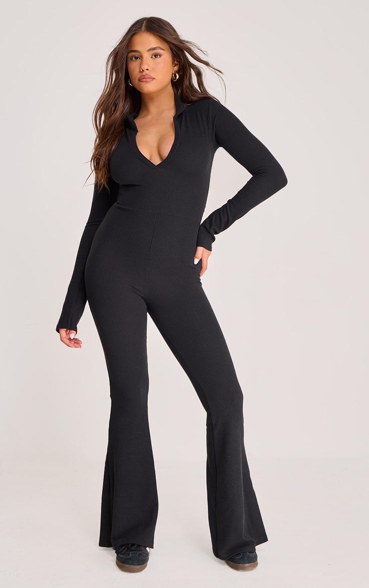 Black Rib Collar Detail Flare Leg Jumpsuit Product Image