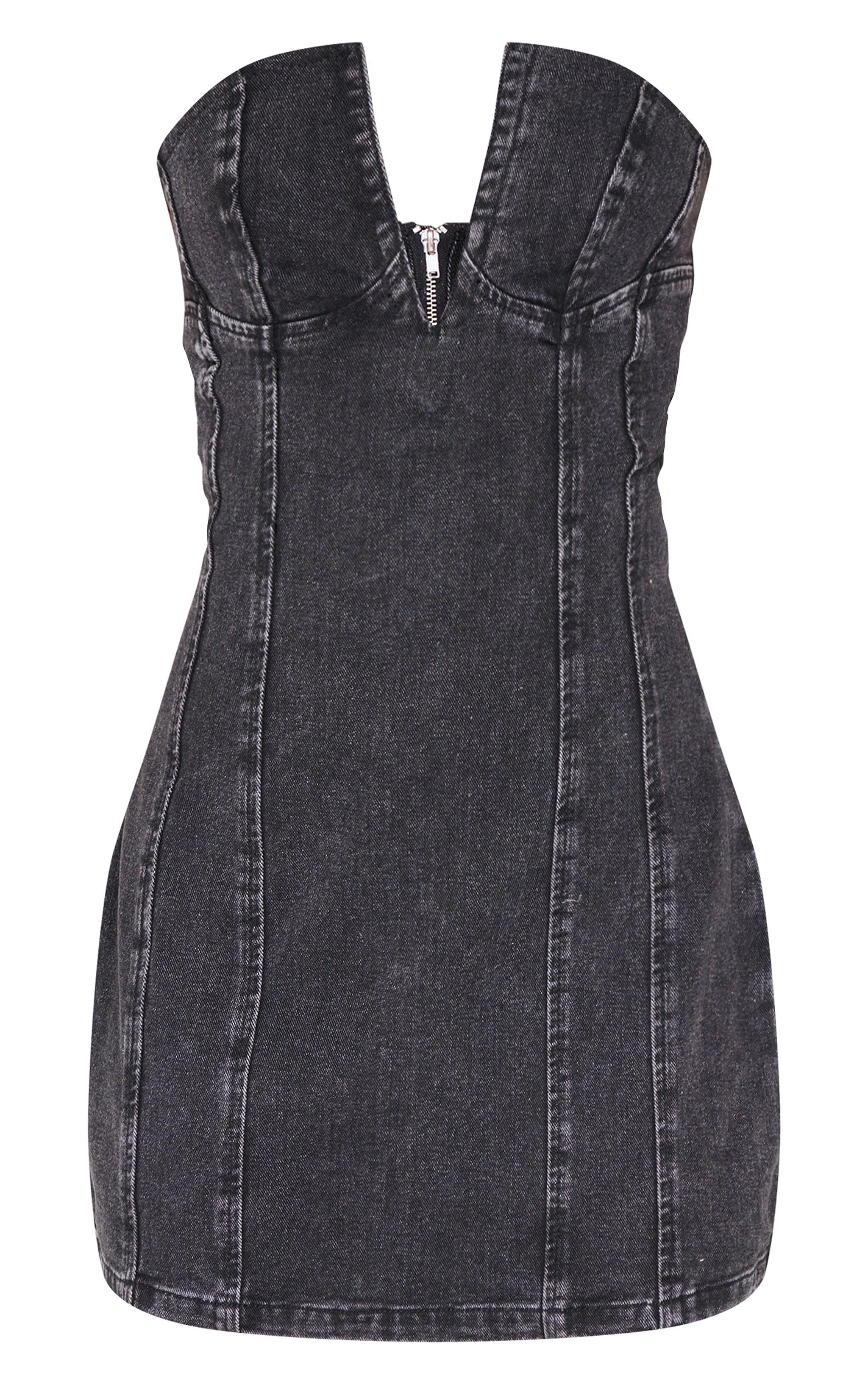 Black Plunge Detail Strapless Denim Mini Dress Product Image