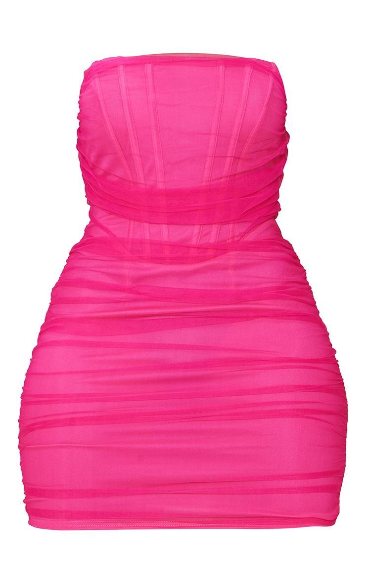 Shape Hot Pink Mesh Corset Detail Ruched Bodycon Dress Product Image