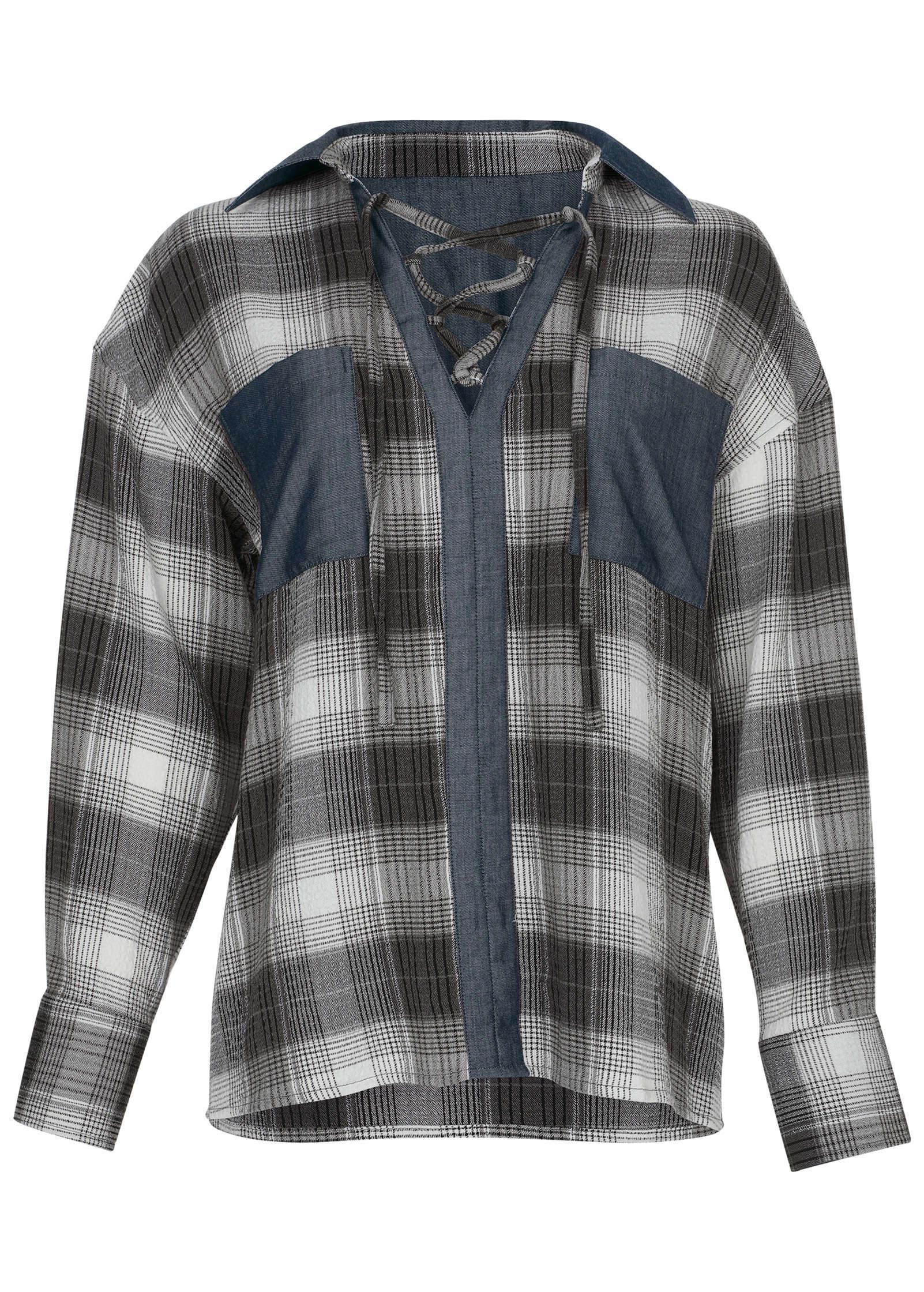 Plaid Lace-Up Shirt - Grey Plaid Product Image