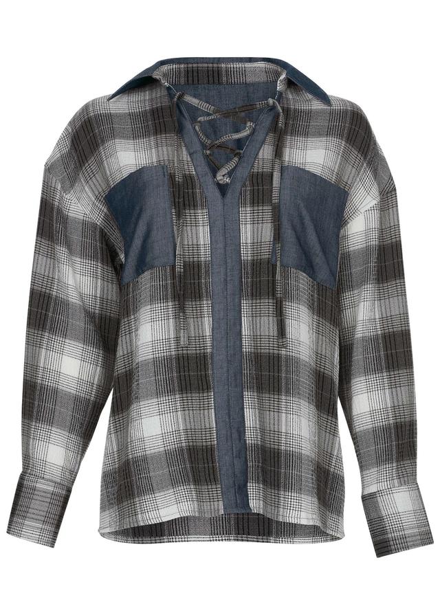 Plaid Lace-Up Shirt - Grey Plaid Product Image