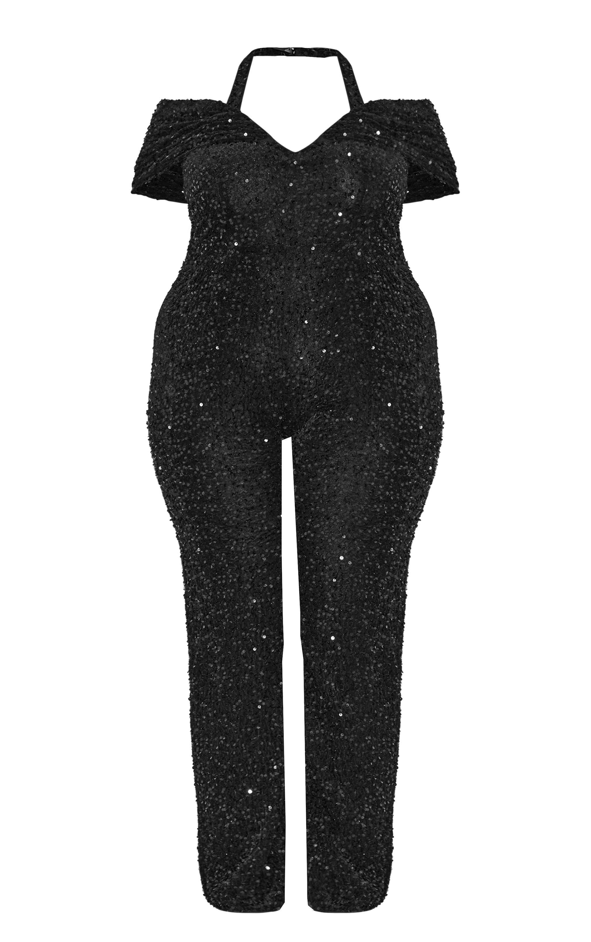 Plus Black Velour Sequined Bardot Halter Neck Strap Jumpsuit Product Image