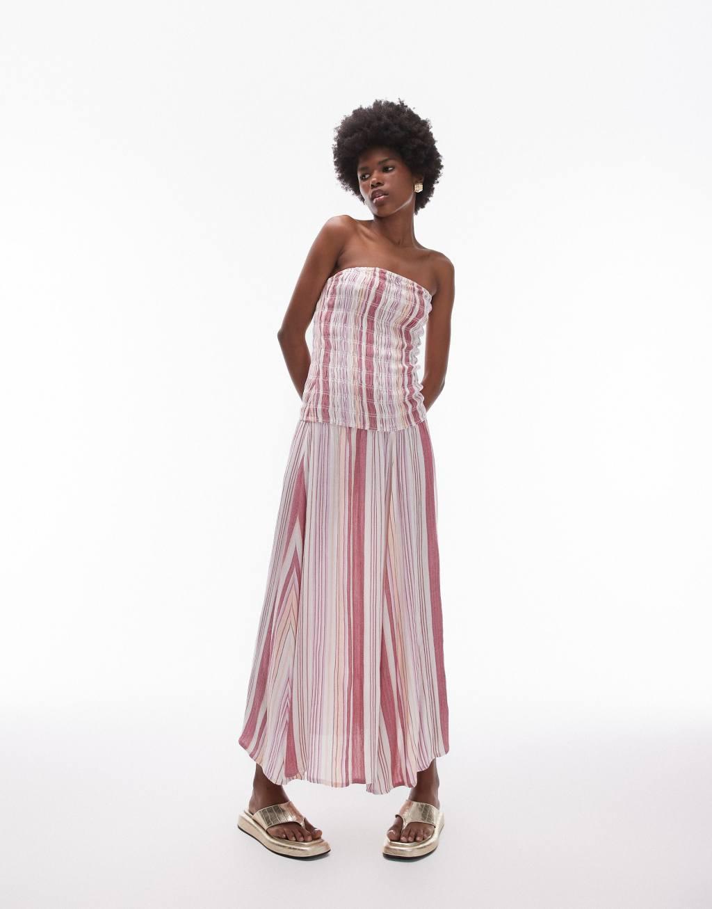 Topshop shirred bandeau midi dress in pink stripe Product Image