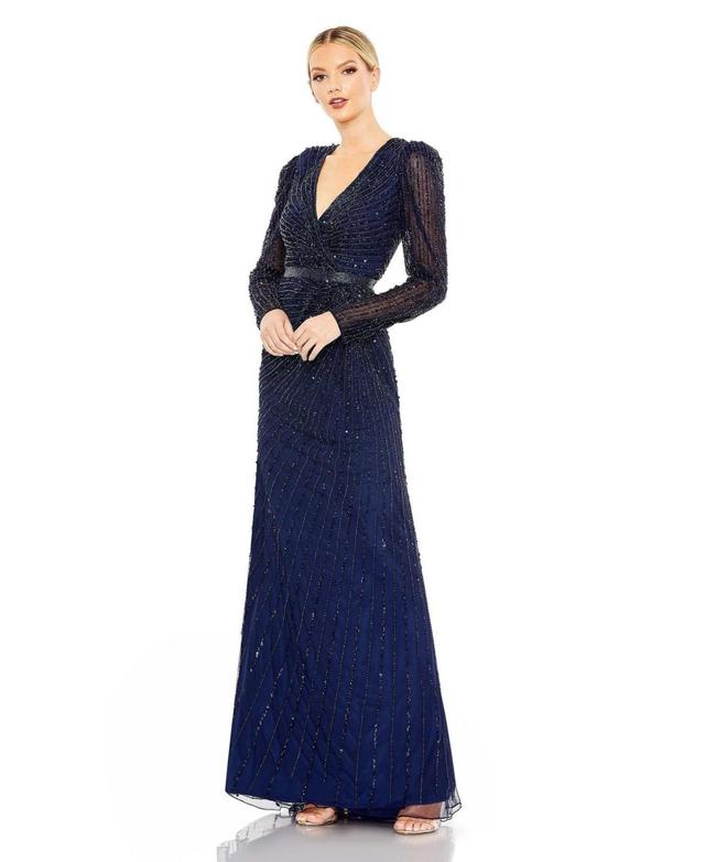 Mac Duggal Sequin Long Sleeve Faux Wrap Gown Product Image