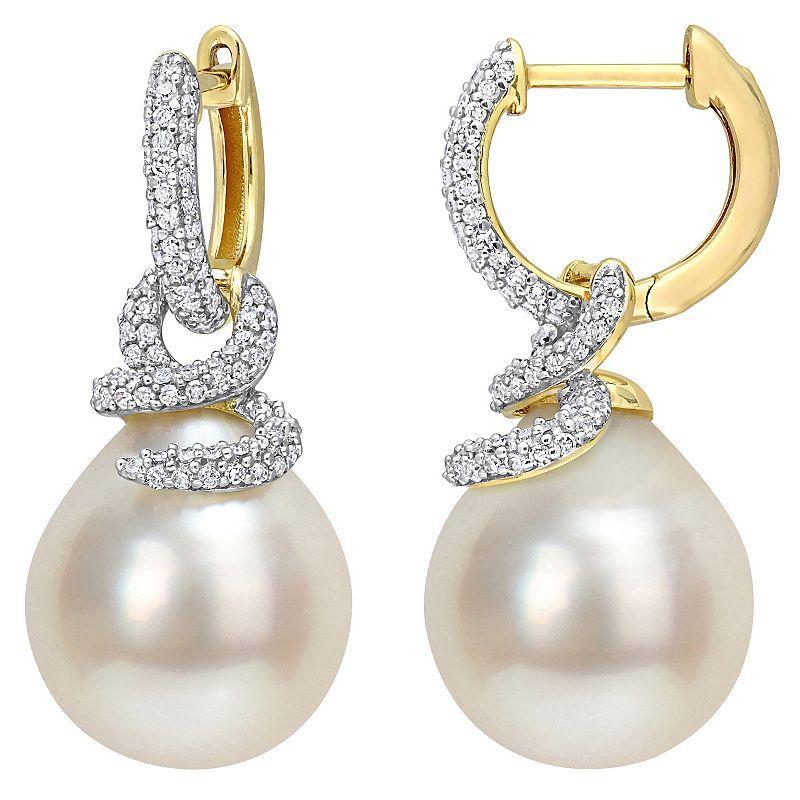 Stella Grace 14k Gold South Sea Cultured Pearl & 1/2 Carat T.W. Diamond Swirl Hoop Drop Earrings, Womens, White Product Image