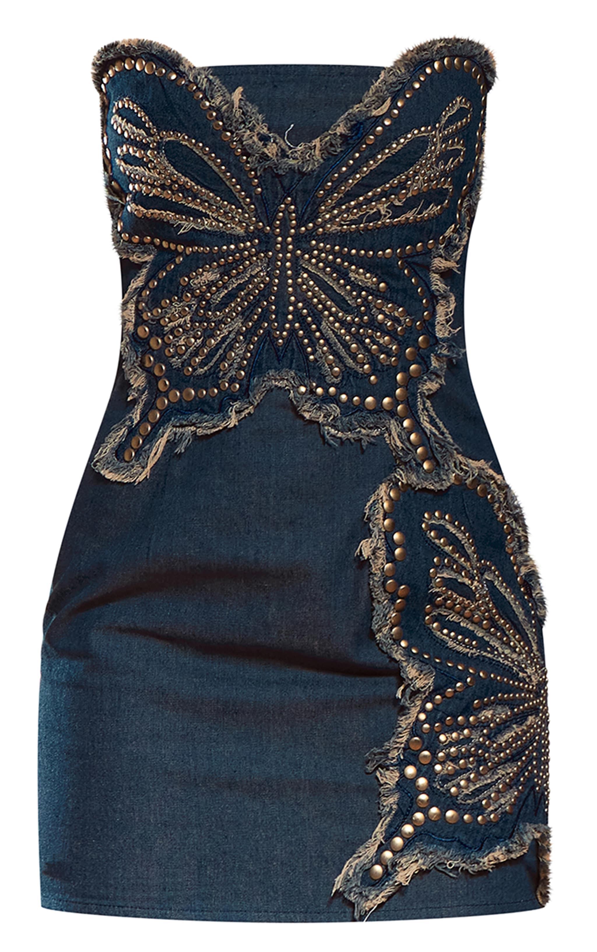 Dark Blue Butterfly Denim Applique Bandeau Mini Dress Product Image