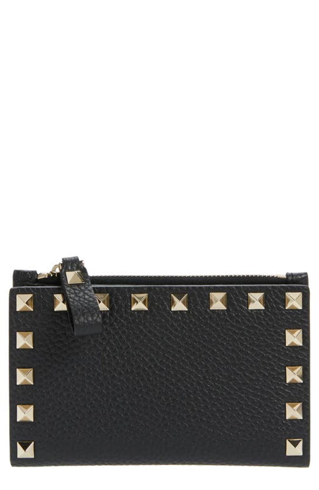 VALENTINO GARAVANI Rockstud Leather Zip Coin Purse/card Holder In Black Product Image