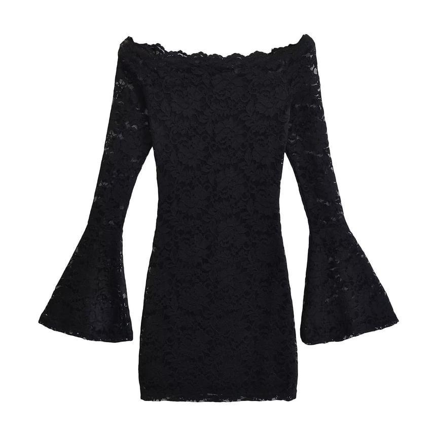 Bell Sleeve Off Shoulder Plain Lace Mini Sheath Dress Product Image