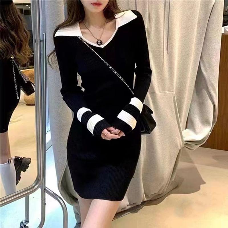 Long-Sleeve Collar Striped Knit Mini Sheath Dress Product Image