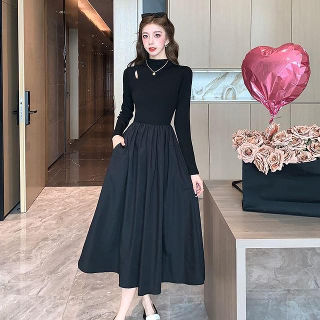 Long Sleeve Mock Neck Plain Gathered Panel Midi A-Line Dress Product Image