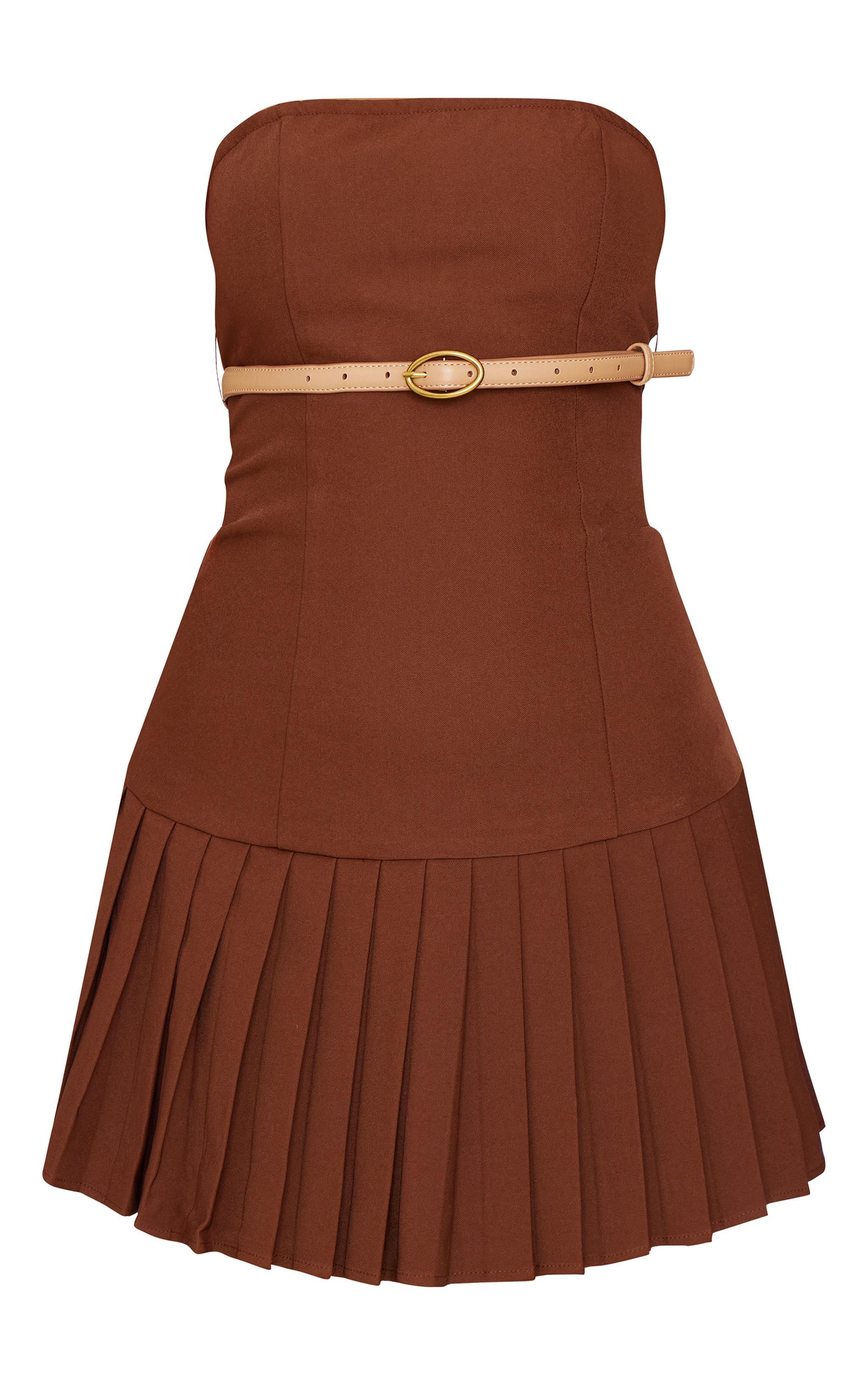 Chocolate Brown Belted Pleated Skirt Bodycon Dress Product Image