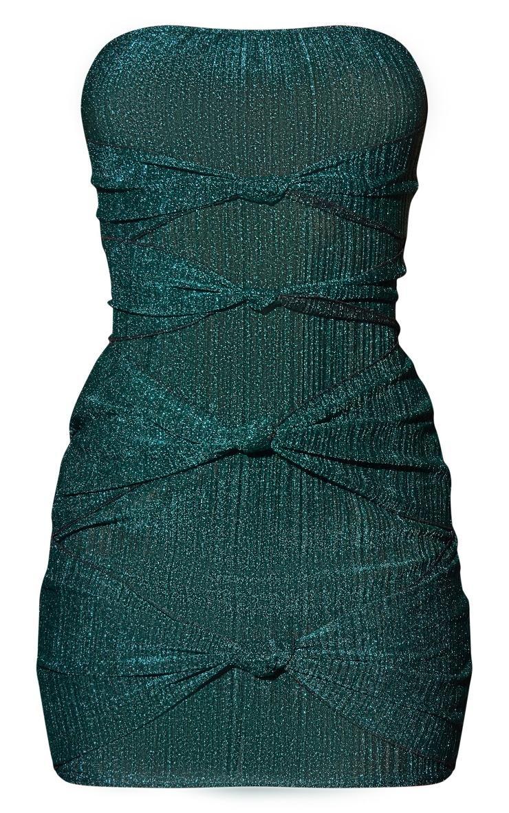 Teal Glitter Plisse Knot Detail Bandeau Bodycon Dress Product Image