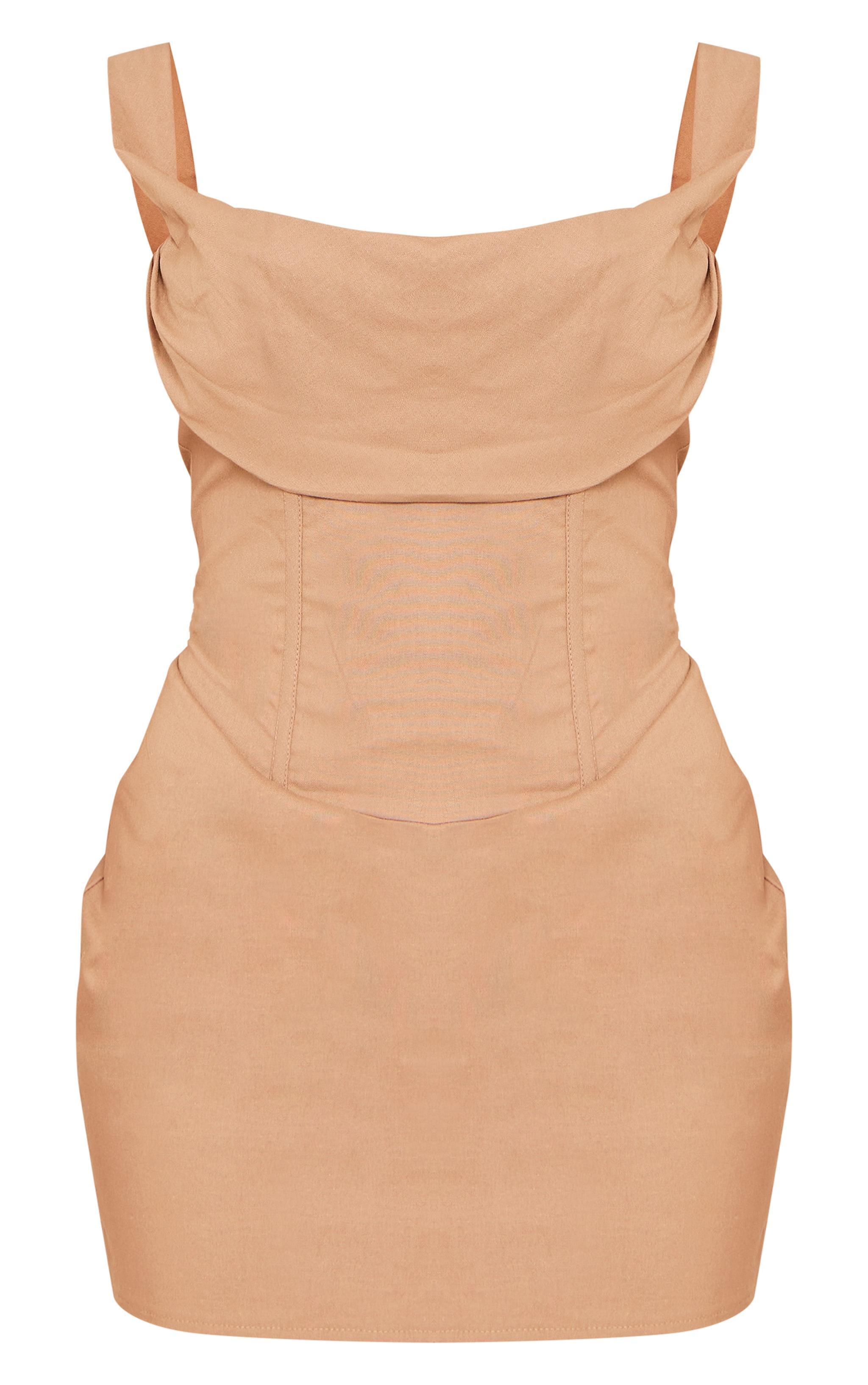 Mushroom Linen Look Draped Bardot Corset Bodycon Dress Product Image