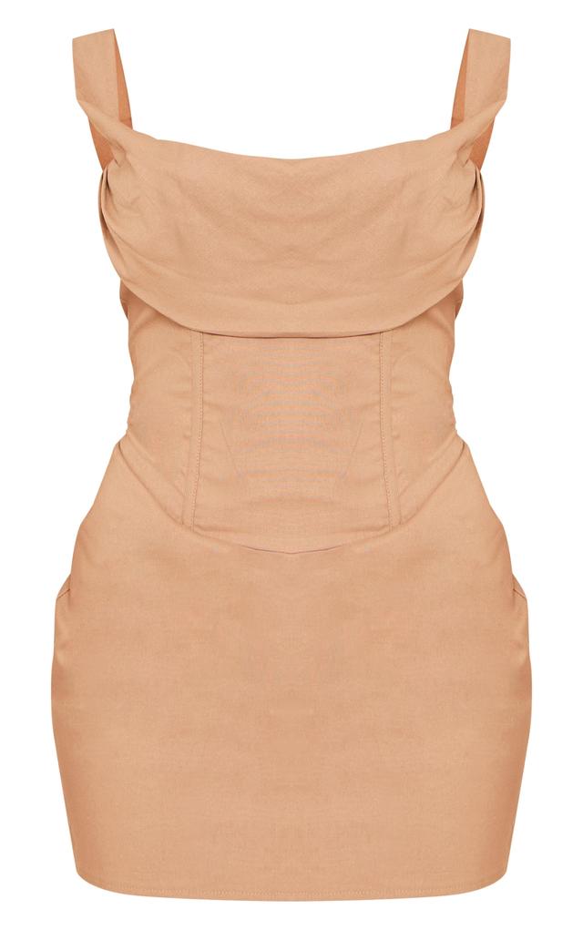 Mushroom Linen Look Draped Bardot Corset Bodycon Dress Product Image