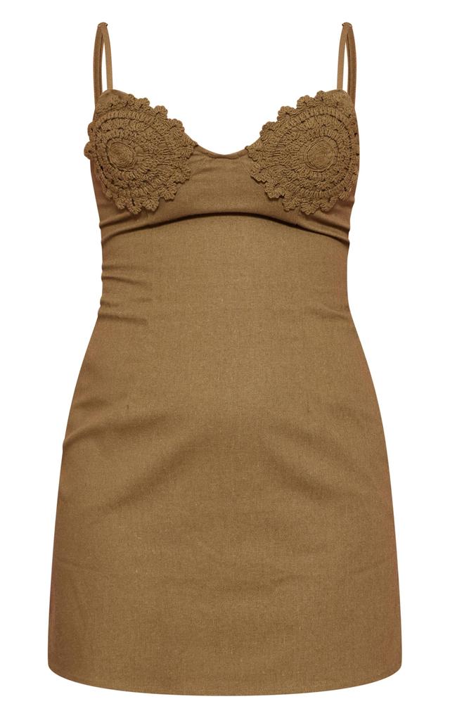 Khaki Linen Look Embroidered Cup Bodycon Dress Product Image