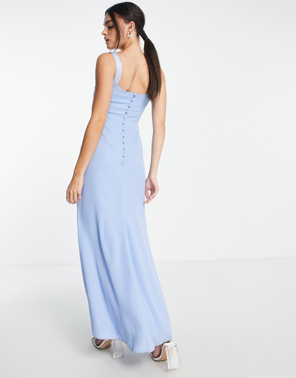 ASOS DESIGN Bridesmaid maxi dress with satin curved neckline and split detail in powder blue Product Image