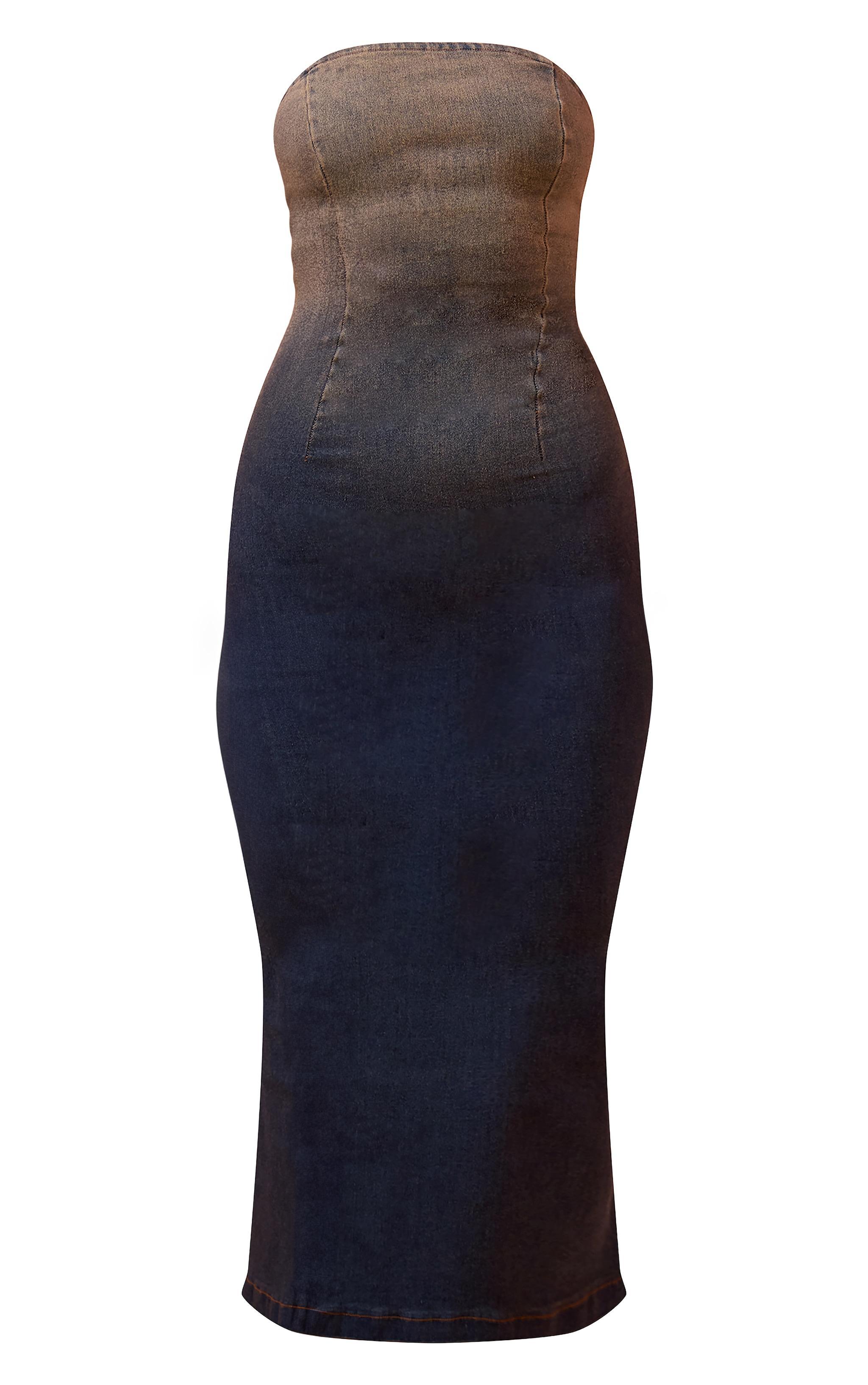 Vintage Mid Wash Ombre Strapless Denim Maxi Dress Product Image