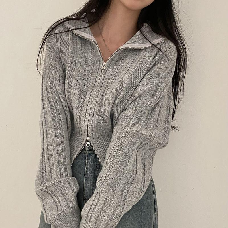 Plain Ribbed Zip Cardigan Product Image