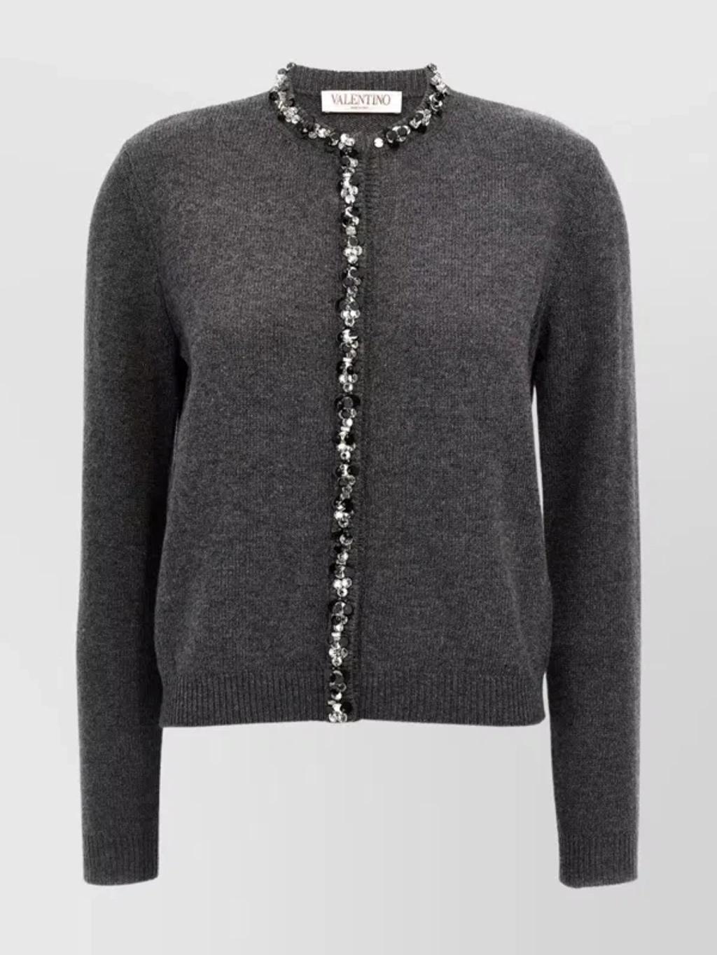 VALENTINO Crystal Sequins Crew Neck Cardigan In Gray Product Image