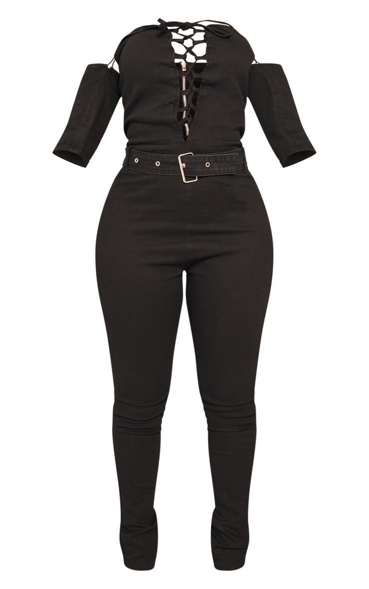 Shape Black Lace Up Bardot Stretch Denim Jumpsuit Product Image