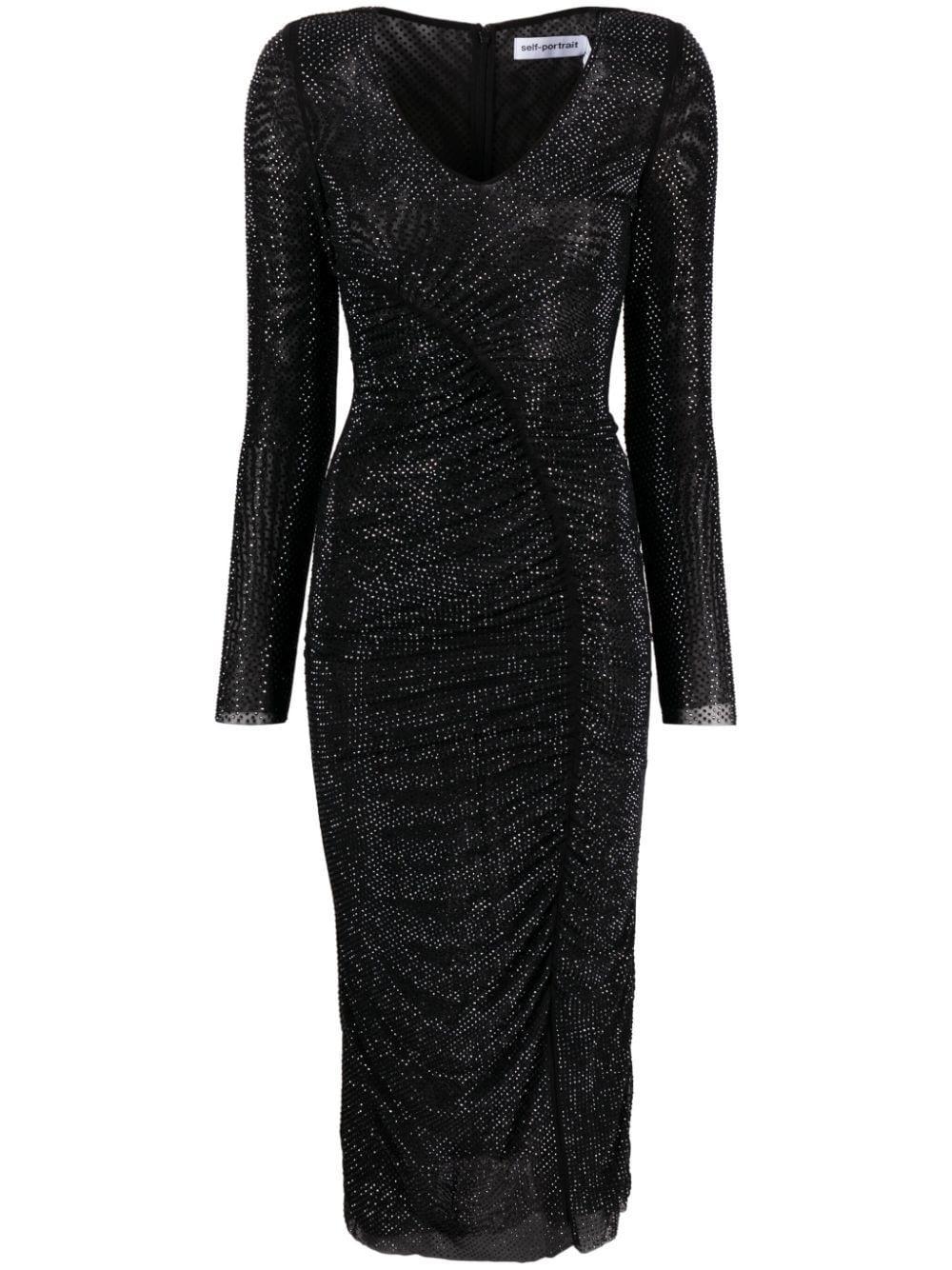 Gathered Rhinestone Midi Dress In Black Product Image