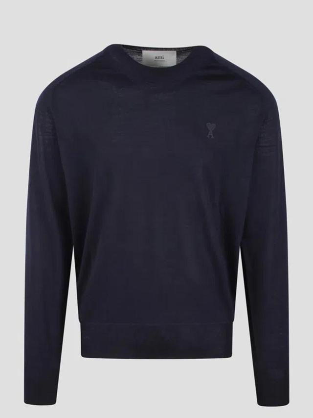 Ami Logo Embroidered Crewneck Sweater In Blue Product Image