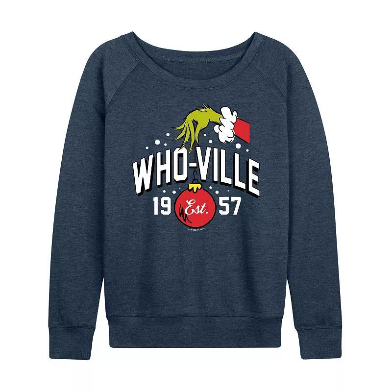 Womens Dr. Seuss The Grinch Whoville Grinch Hand Lightweight French Terry Sweatshirt, Girls Grey Indigo Product Image