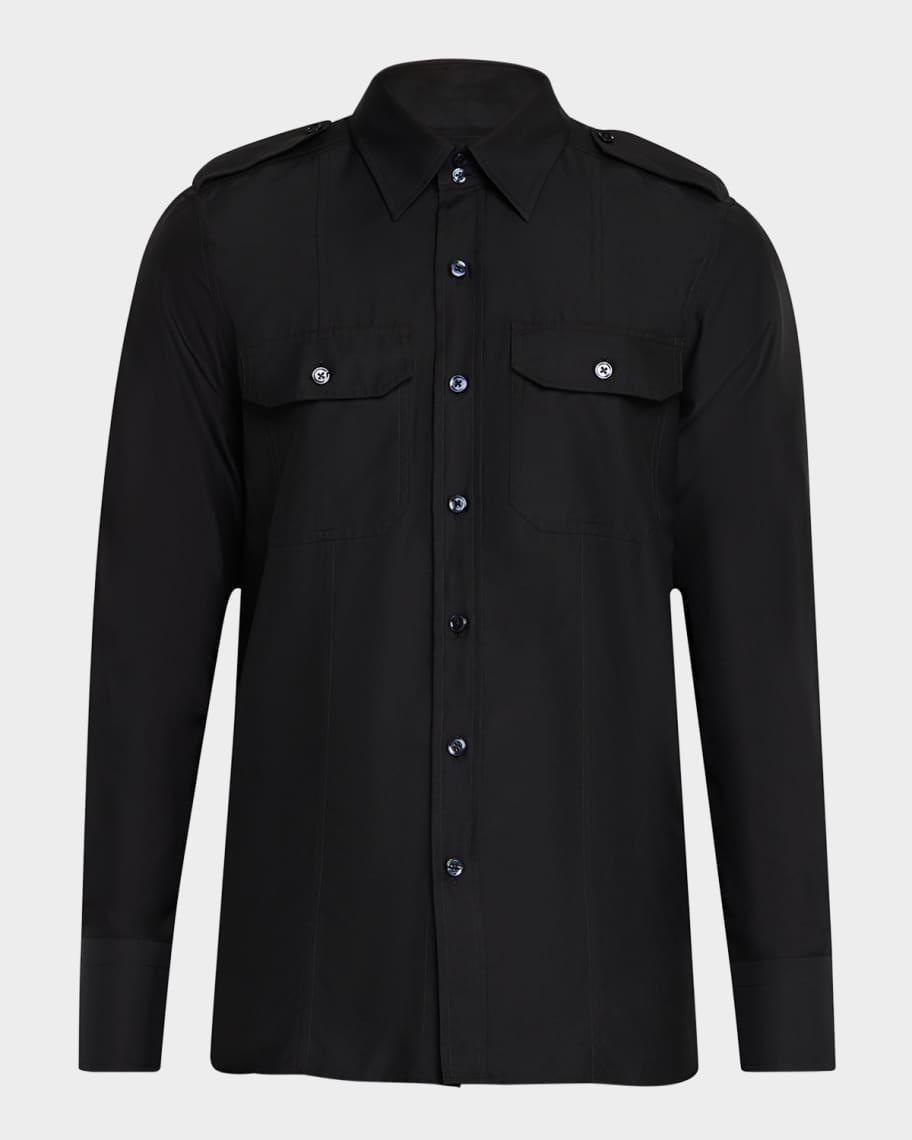 Men's Cotton and Silk Military Casual Button-Down Shirt Product Image