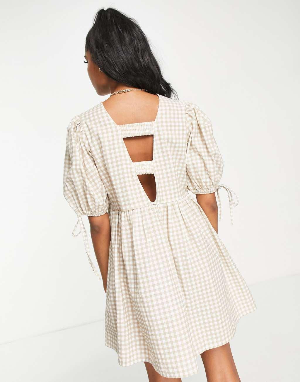 Influence puff sleeve mini dress in beige gingham Product Image