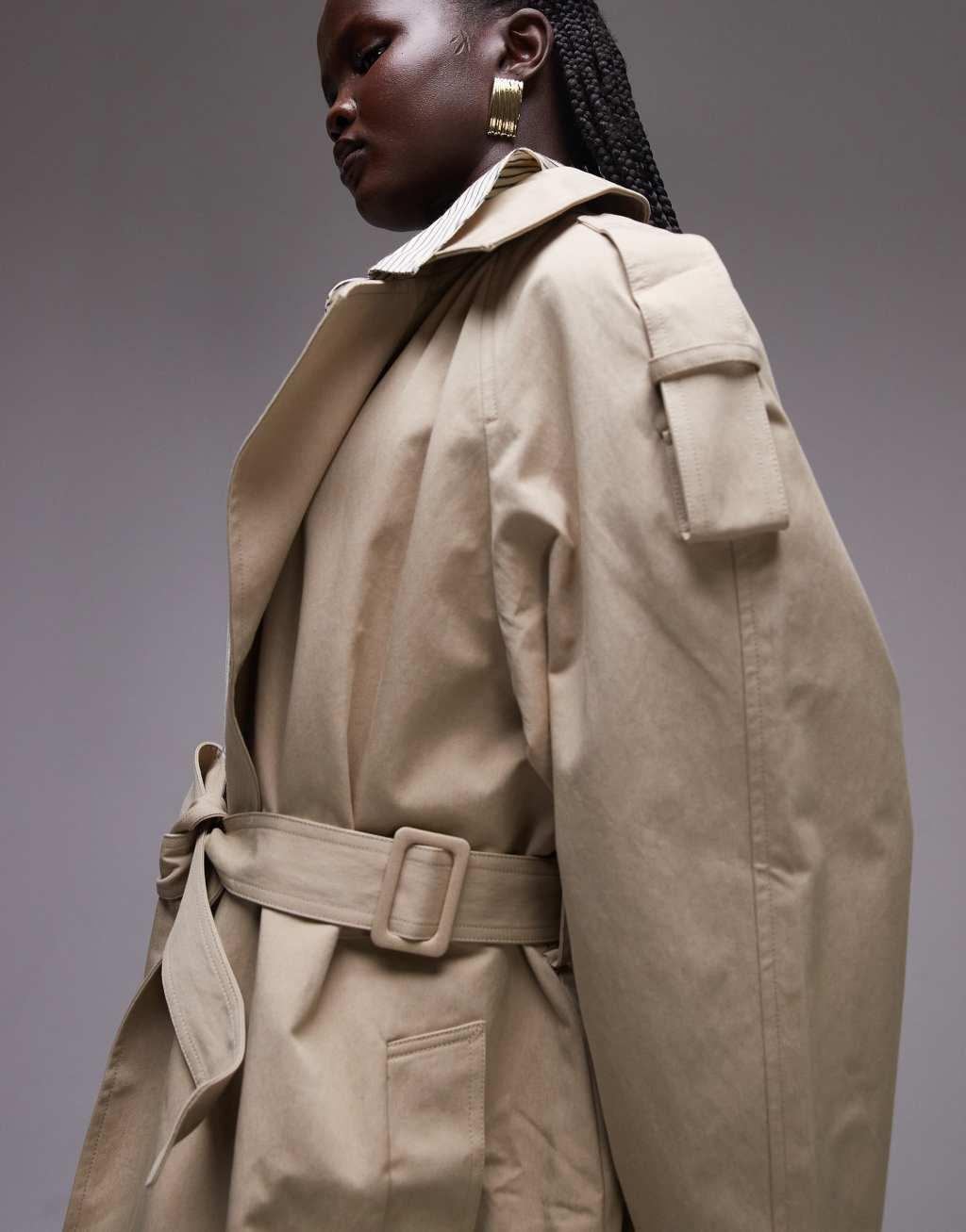 Topshop minimal trench coat in taupe Product Image