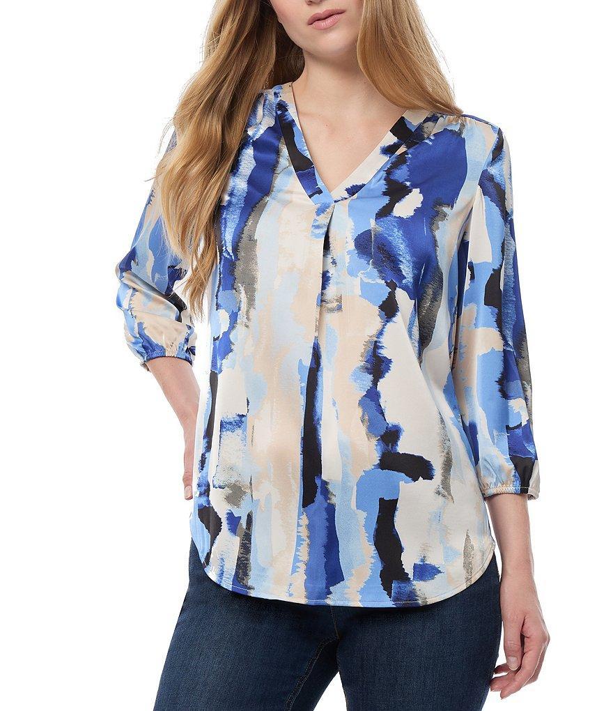 Jones New York Kelly Abstract Printed Satin V-Neck 3/4 Sleeve Elastic Cuff Tunic product image