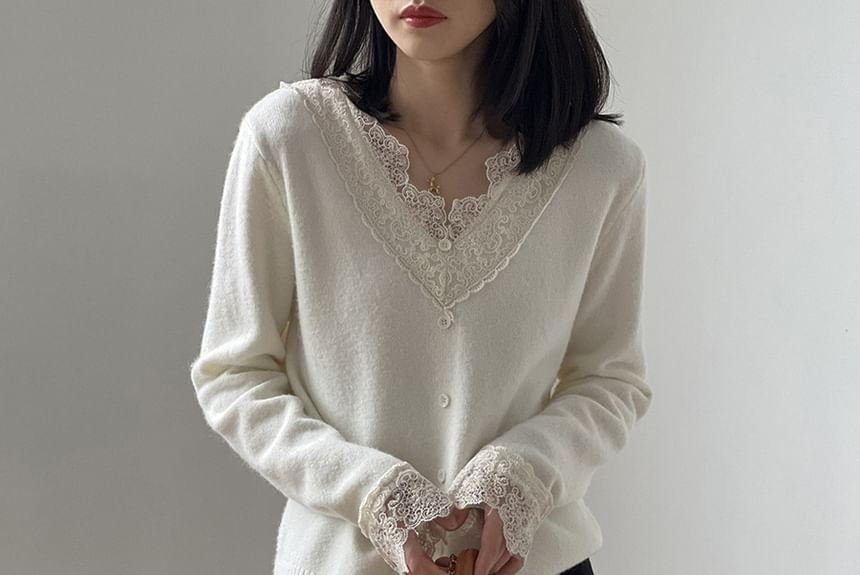 Long-Sleeve V-Neck Lace Panel Button Accent Knit Top Product Image