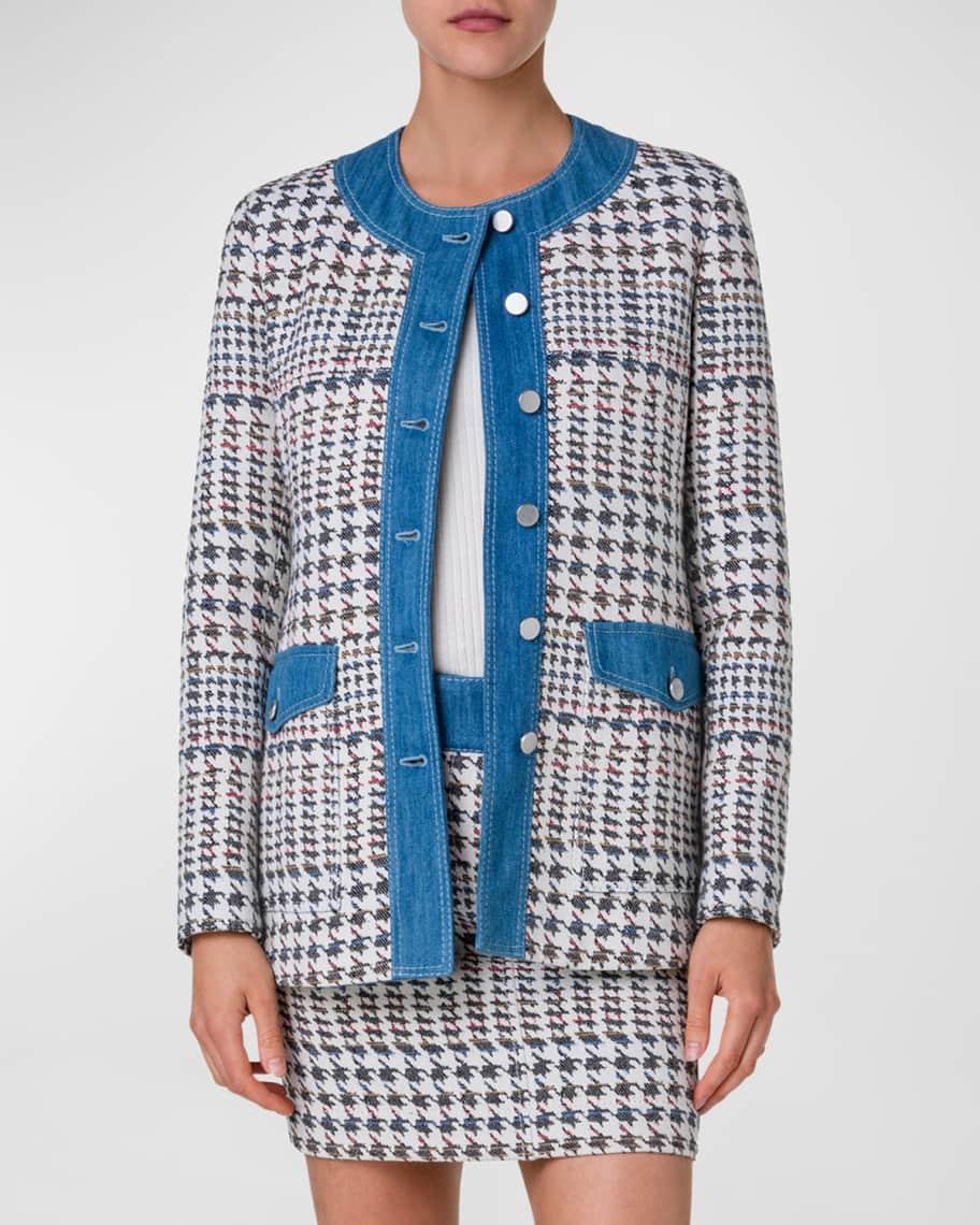 Denim-Trim Houndstooth Jacquard Collarless Jacket Product Image